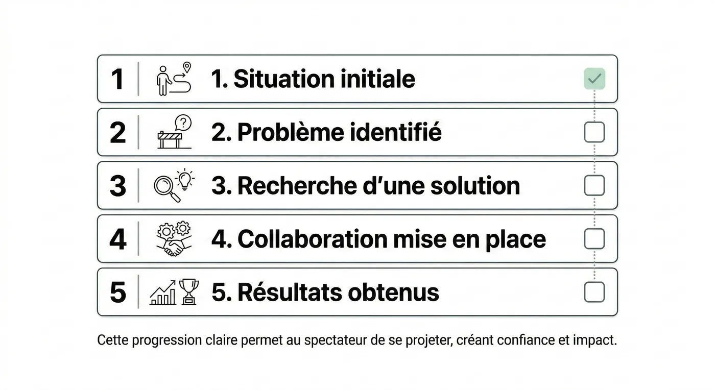 Structure narrative d'un bon testimonial : situation initiale, problème identifié, recherche d'une solution, collaboration mise en place, résultats obtenus